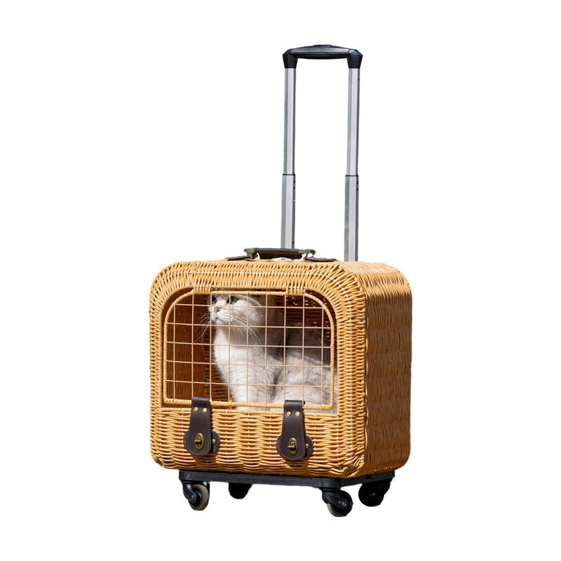 Portable Woven Rattan Pet Carrier With Ventilated Pull Handle