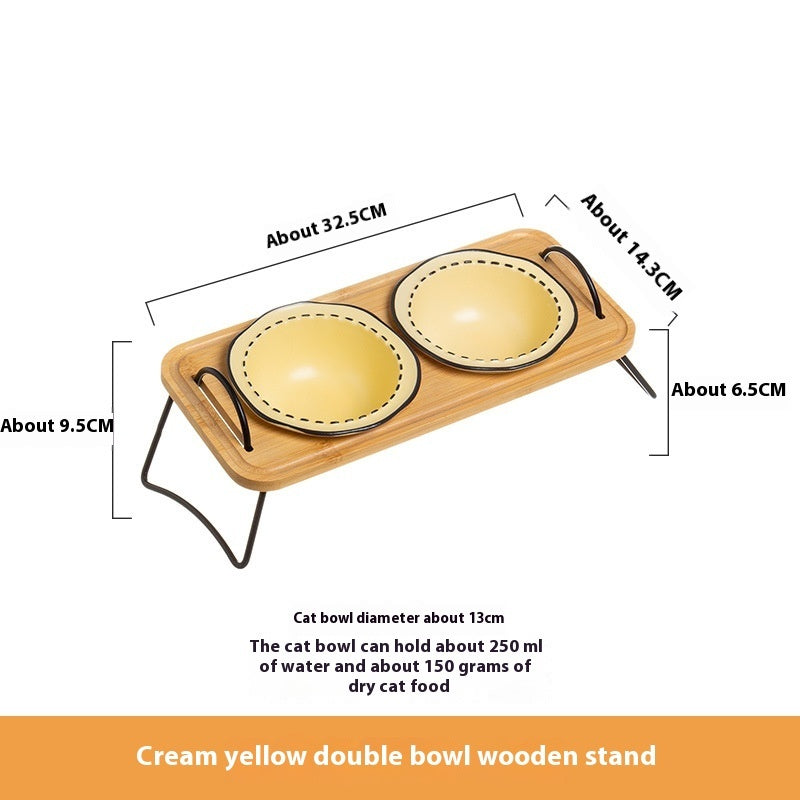 Wooden Pet Feeding Rack With Ceramic Anti Tumble Bowl