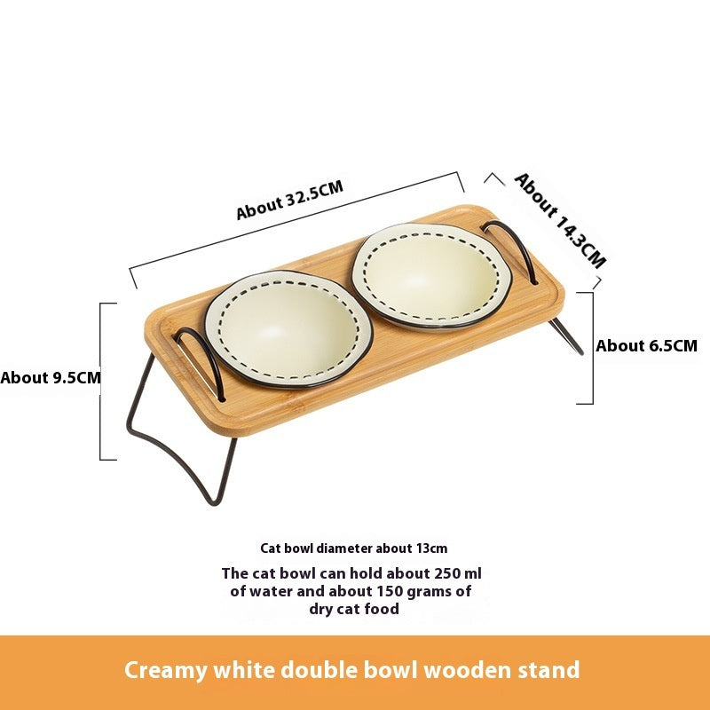 Wooden Pet Feeding Rack With Ceramic Anti Tumble Bowl