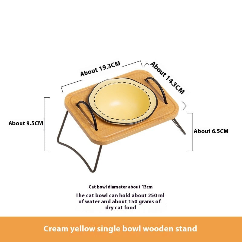 Wooden Pet Feeding Rack With Ceramic Anti Tumble Bowl