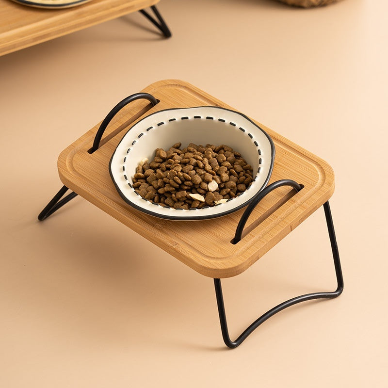 Wooden Pet Feeding Rack With Ceramic Anti Tumble Bowl