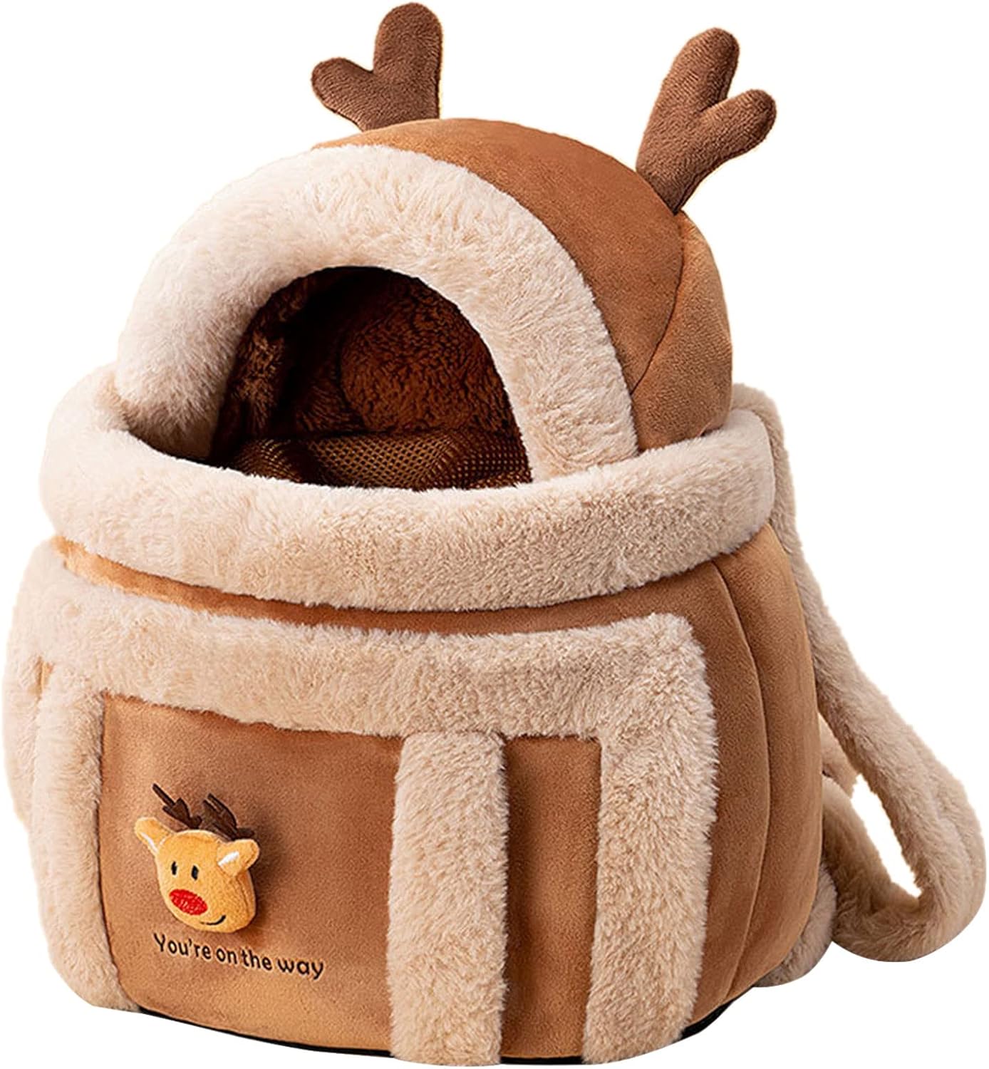 Plush Reindeer Pet Travel Backpack Carrier Bag With Hand Warmers