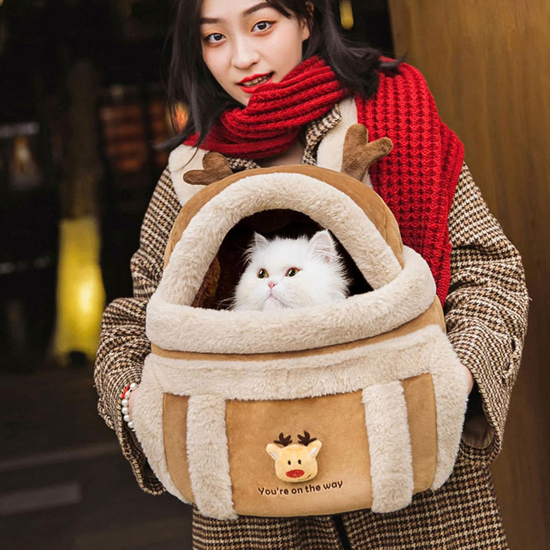 Plush Reindeer Pet Travel Backpack Carrier Bag With Hand Warmers