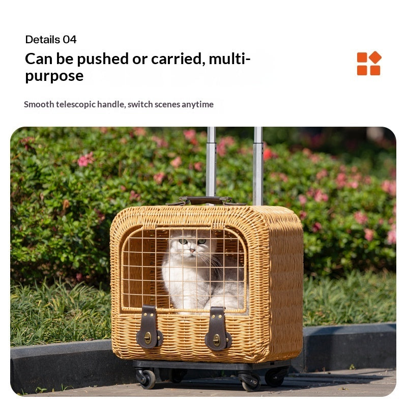 Portable Woven Rattan Pet Carrier With Ventilated Pull Handle